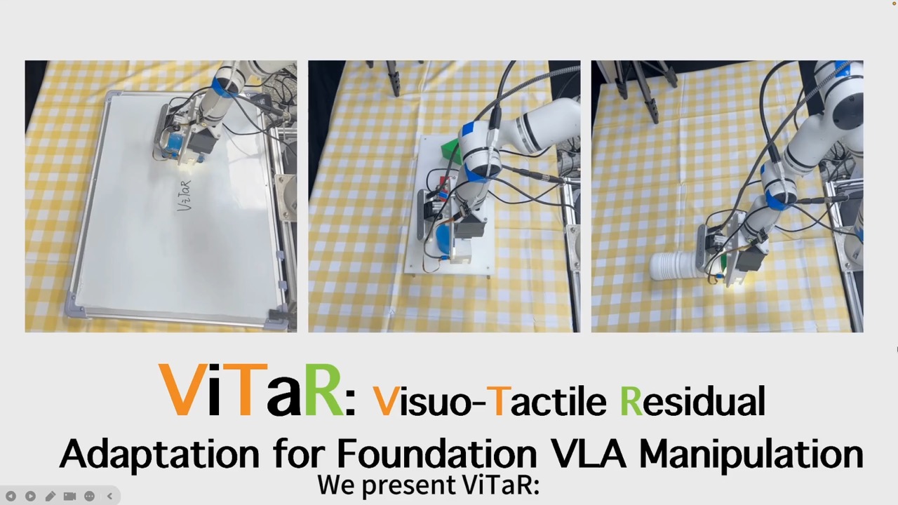 ViTaR project video preview showing three real-world robot manipulation tasks